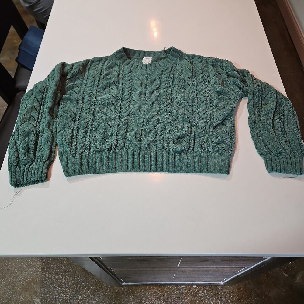 Hippie Rose Women Green Chenille Cable Knit Cropped Sweater Soft Cozy Size L